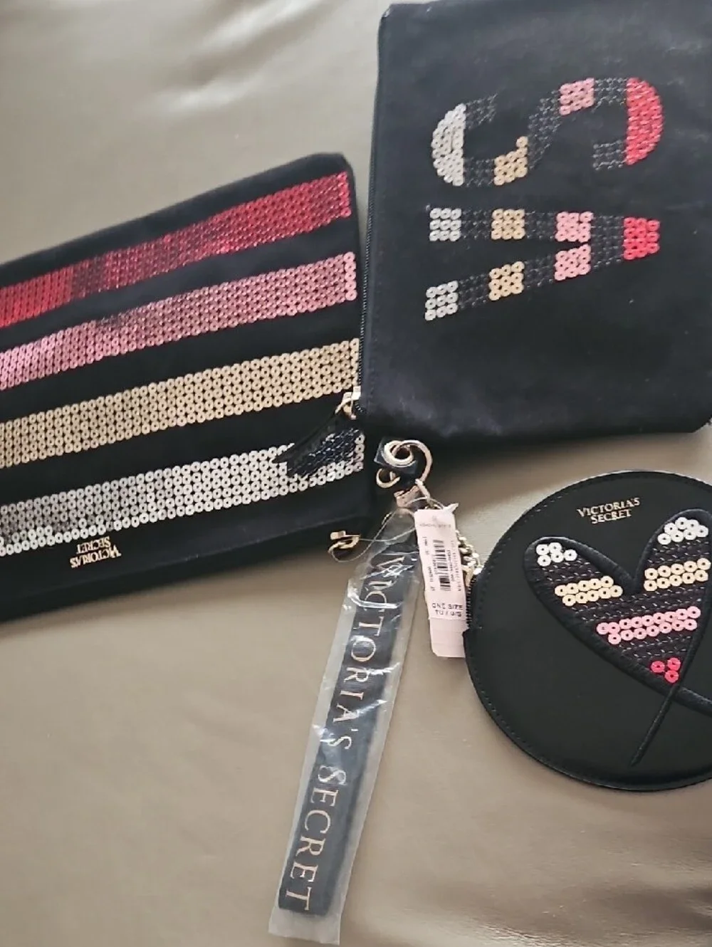 NWT 3 Victoria's Secret Black Sequin Stripe Pouch (Trio)